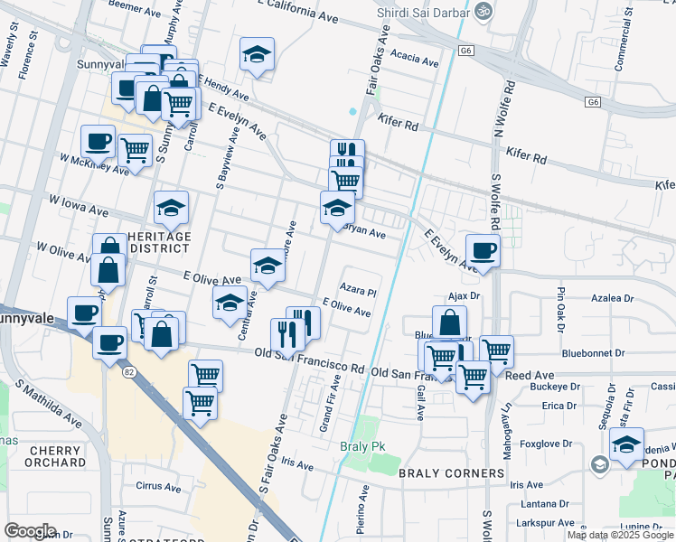 map of restaurants, bars, coffee shops, grocery stores, and more near 428 South Fair Oaks Avenue in Sunnyvale