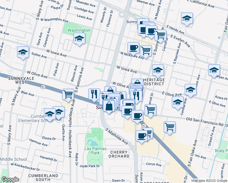 map of restaurants, bars, coffee shops, grocery stores, and more near 364 West Olive Avenue in Sunnyvale