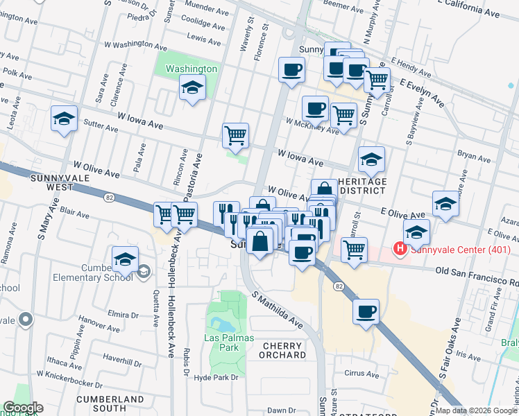 map of restaurants, bars, coffee shops, grocery stores, and more near 538 South Mathilda Avenue in Sunnyvale