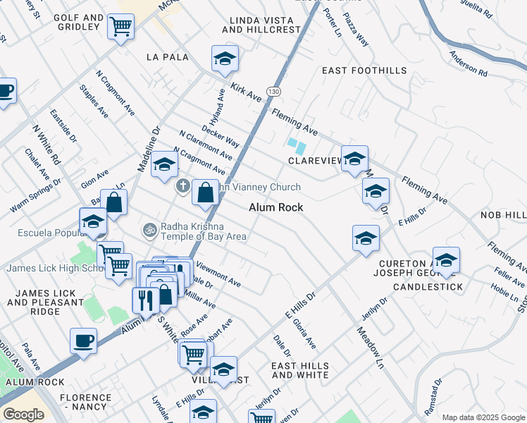 map of restaurants, bars, coffee shops, grocery stores, and more near 4700 Fisher Avenue in San Jose