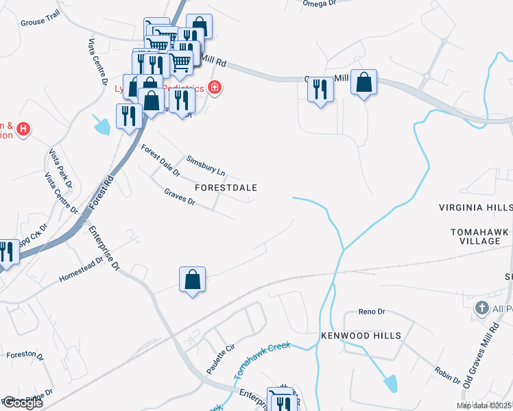 map of restaurants, bars, coffee shops, grocery stores, and more near 609 Forest Dale Drive in Forest