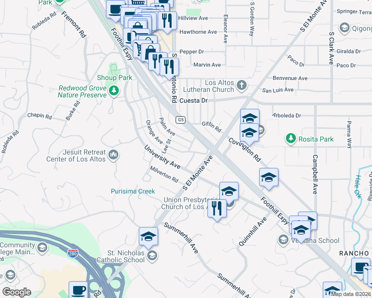 map of restaurants, bars, coffee shops, grocery stores, and more near 655 Washington Street in Los Altos