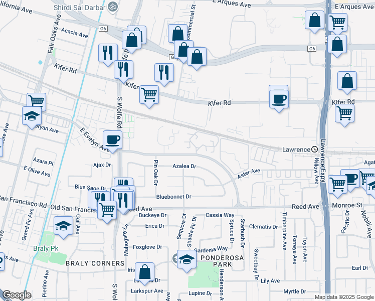 map of restaurants, bars, coffee shops, grocery stores, and more near 224 Red Oak Drive in Sunnyvale
