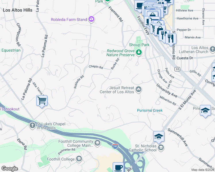map of restaurants, bars, coffee shops, grocery stores, and more near 13150 East Sunset Drive in Los Altos Hills