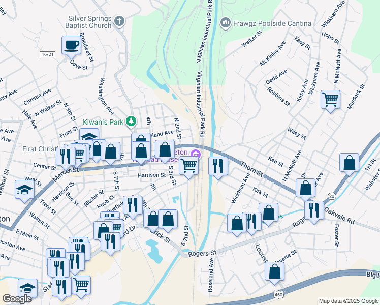 map of restaurants, bars, coffee shops, grocery stores, and more near 109 North 1st Street in Princeton
