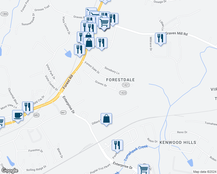 map of restaurants, bars, coffee shops, grocery stores, and more near 217 Graves Drive in Forest