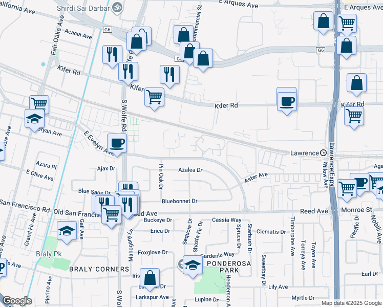 map of restaurants, bars, coffee shops, grocery stores, and more near 224 Red Oak Drive in Sunnyvale