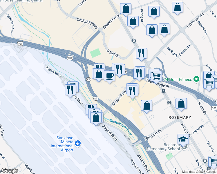 map of restaurants, bars, coffee shops, grocery stores, and more near 2025 Gateway Place in San Jose