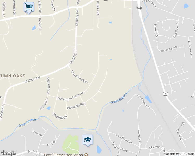 map of restaurants, bars, coffee shops, grocery stores, and more near 4601 Wellington Farms Drive in Chester