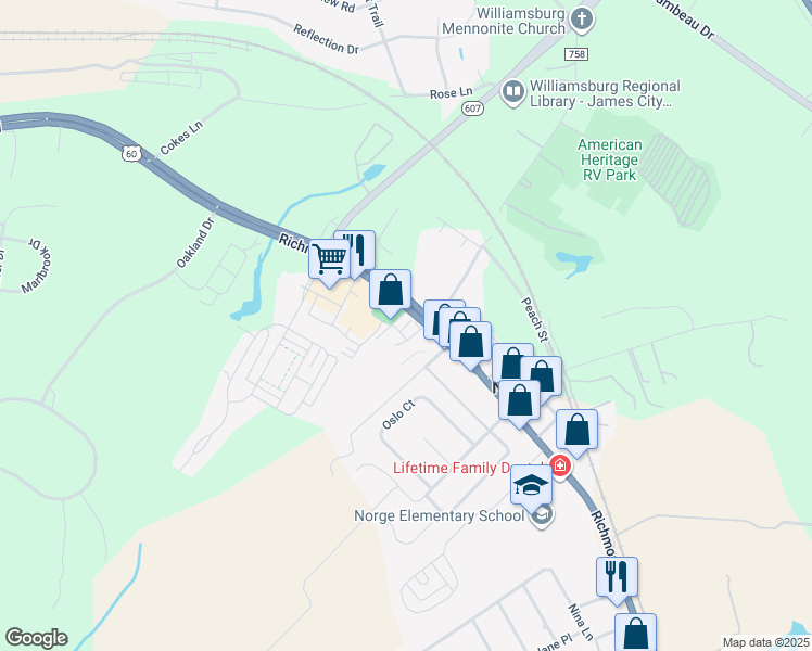 map of restaurants, bars, coffee shops, grocery stores, and more near Craggy Oak Court in Williamsburg