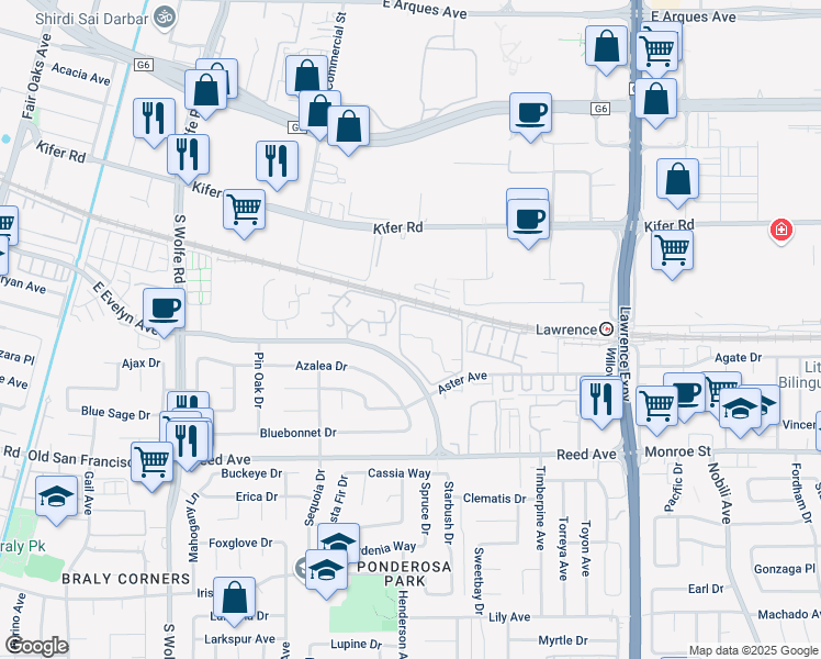 map of restaurants, bars, coffee shops, grocery stores, and more near 1035 Aster Avenue in Sunnyvale