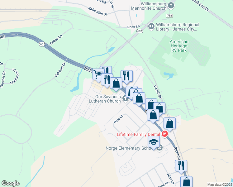 map of restaurants, bars, coffee shops, grocery stores, and more near 3402 Acorn Street in Williamsburg