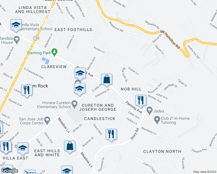map of restaurants, bars, coffee shops, grocery stores, and more near 455 Fleming Avenue in San Jose