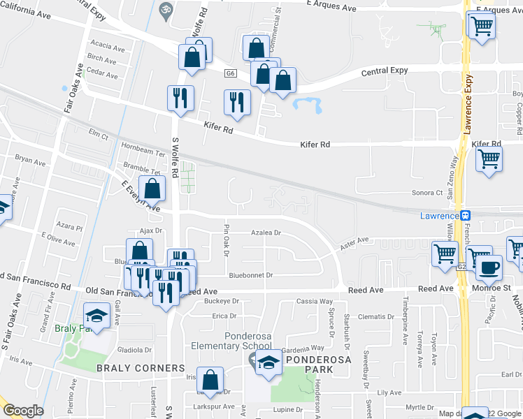 map of restaurants, bars, coffee shops, grocery stores, and more near 224 Red Oak Drive in Sunnyvale