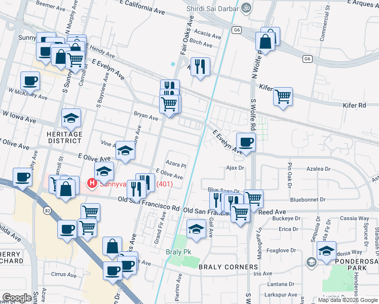 map of restaurants, bars, coffee shops, grocery stores, and more near 686 East McKinley Avenue in Sunnyvale