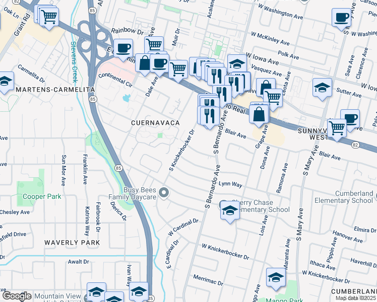 map of restaurants, bars, coffee shops, grocery stores, and more near 1280 Brookfield Avenue in Sunnyvale