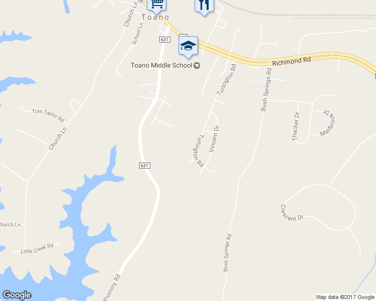 map of restaurants, bars, coffee shops, grocery stores, and more near 7609 Turlington Road in Toano