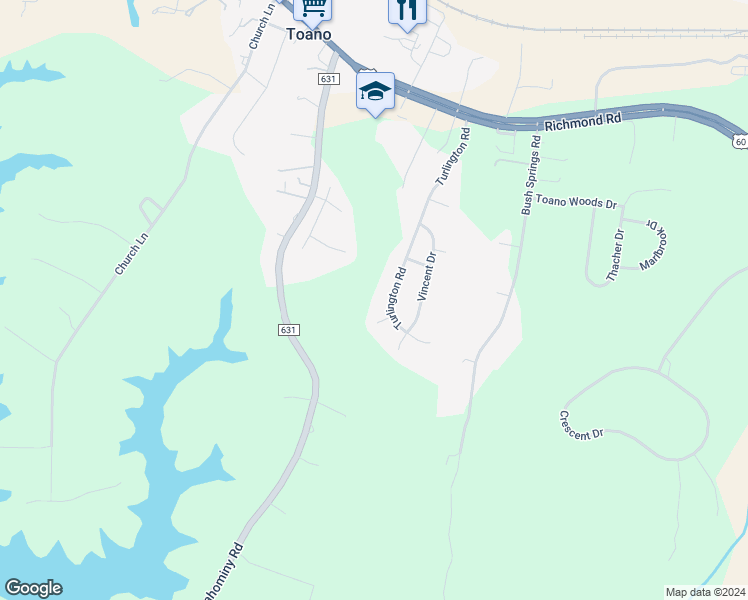 map of restaurants, bars, coffee shops, grocery stores, and more near 7609 Turlington Road in Toano