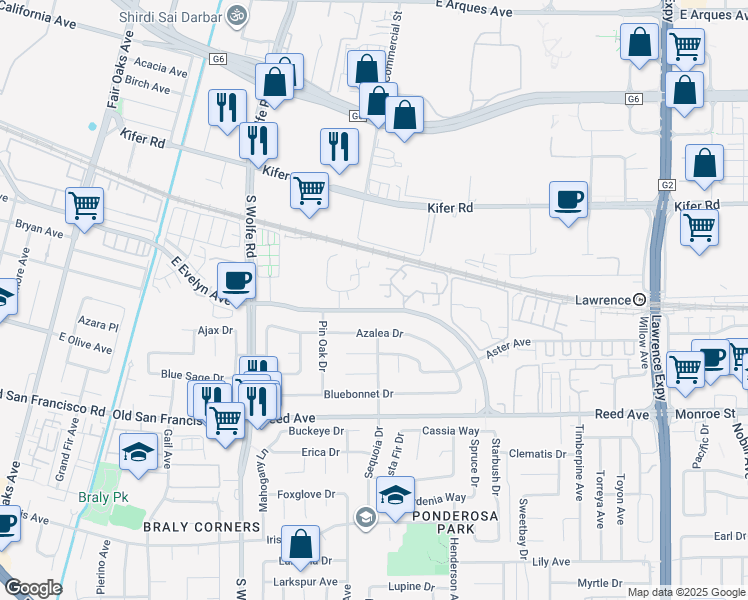 map of restaurants, bars, coffee shops, grocery stores, and more near 236 Red Oak Drive in Sunnyvale