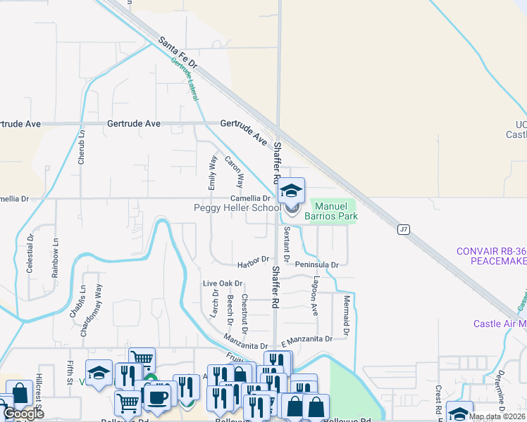 map of restaurants, bars, coffee shops, grocery stores, and more near 3451 Shipwright Avenue in Atwater