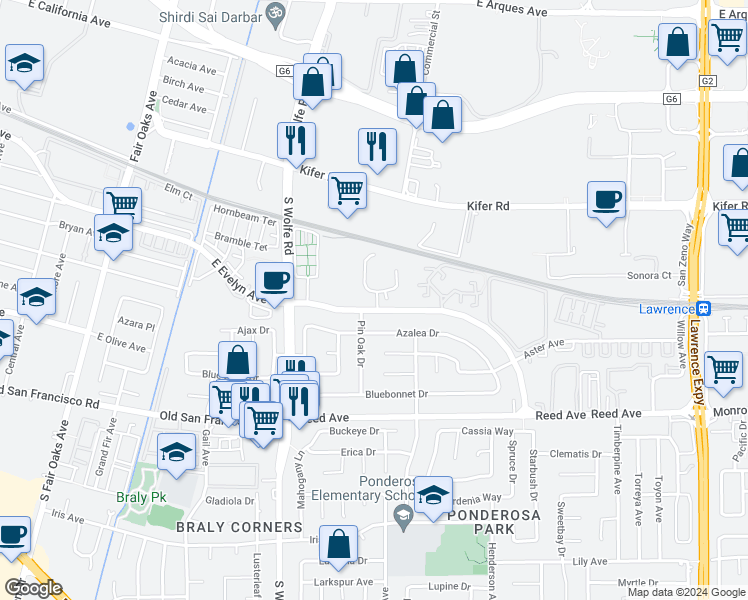 map of restaurants, bars, coffee shops, grocery stores, and more near 235 Red Oak Drive West in Sunnyvale