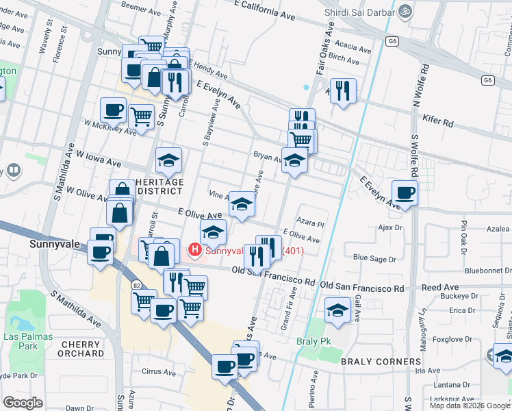 map of restaurants, bars, coffee shops, grocery stores, and more near 426 Kenmore Avenue in Sunnyvale