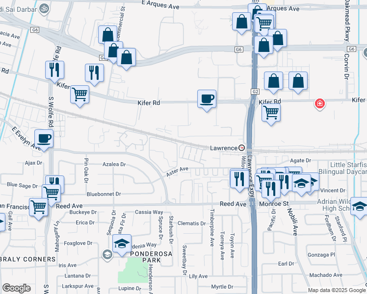 map of restaurants, bars, coffee shops, grocery stores, and more near 201 Stone Pine Terrace in Sunnyvale