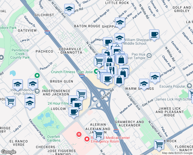 map of restaurants, bars, coffee shops, grocery stores, and more near 375 North Capitol Avenue in San Jose