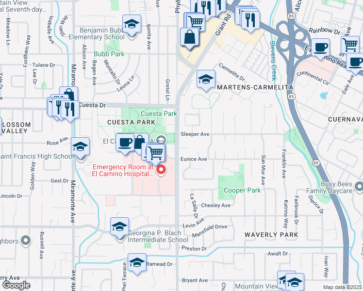 map of restaurants, bars, coffee shops, grocery stores, and more near 2227 Grant Road in Mountain View