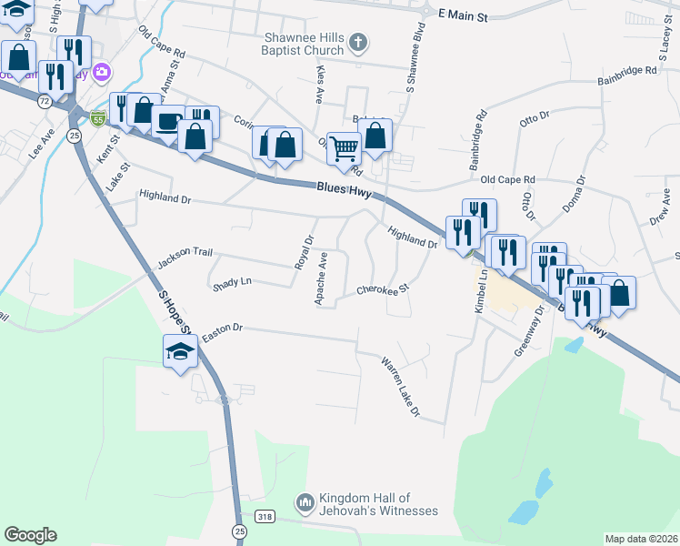 map of restaurants, bars, coffee shops, grocery stores, and more near 1120 Apache Avenue in Jackson