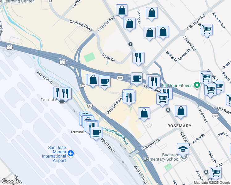 map of restaurants, bars, coffee shops, grocery stores, and more near 2050 Gateway Place in San Jose