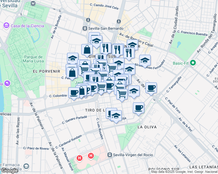 map of restaurants, bars, coffee shops, grocery stores, and more near 1S Calle Almirante Topete in Sevilla
