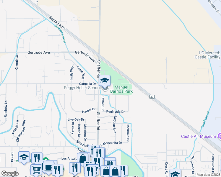map of restaurants, bars, coffee shops, grocery stores, and more near 201 Lake View Drive in Atwater