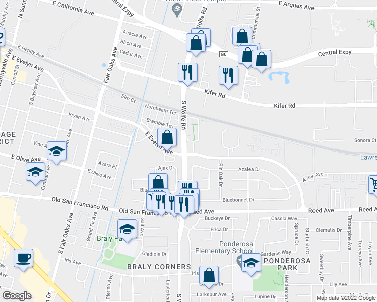 map of restaurants, bars, coffee shops, grocery stores, and more near 247 Peppermint Tree Terrace in Sunnyvale