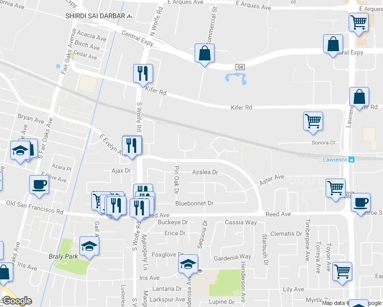map of restaurants, bars, coffee shops, grocery stores, and more near 235 Red Oak Drive West in Sunnyvale