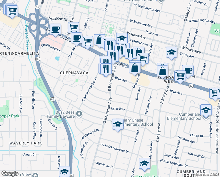 map of restaurants, bars, coffee shops, grocery stores, and more near 727 Citron Avenue in Sunnyvale