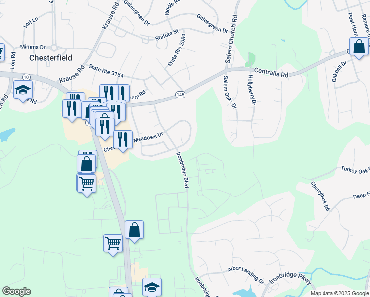 map of restaurants, bars, coffee shops, grocery stores, and more near 6102 Chesterfield Meadows Drive in Chesterfield