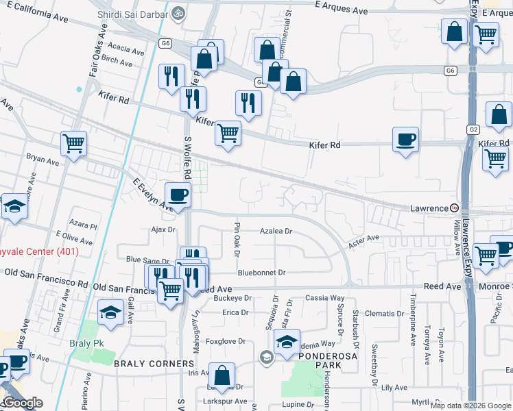 map of restaurants, bars, coffee shops, grocery stores, and more near 248 Red Oak Drive in Sunnyvale