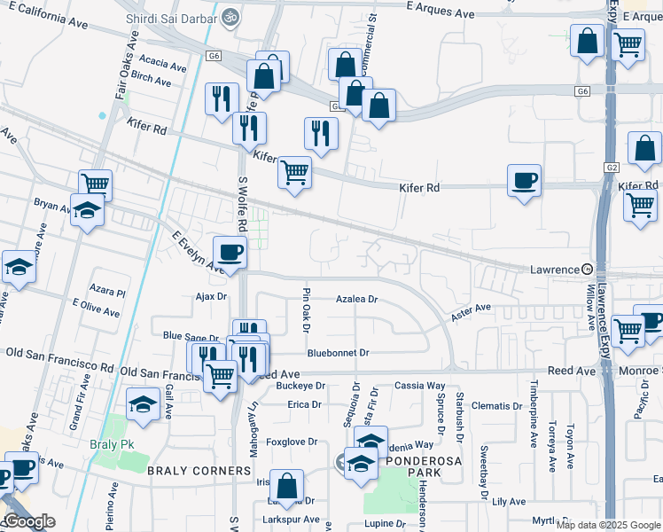 map of restaurants, bars, coffee shops, grocery stores, and more near 248 Red Oak Drive in Sunnyvale