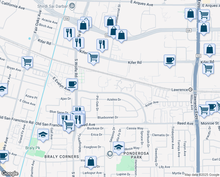 map of restaurants, bars, coffee shops, grocery stores, and more near 236 Red Oak Drive in Sunnyvale