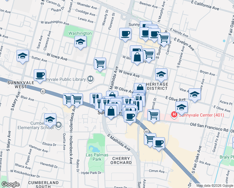 map of restaurants, bars, coffee shops, grocery stores, and more near 364 West Olive Avenue in Sunnyvale