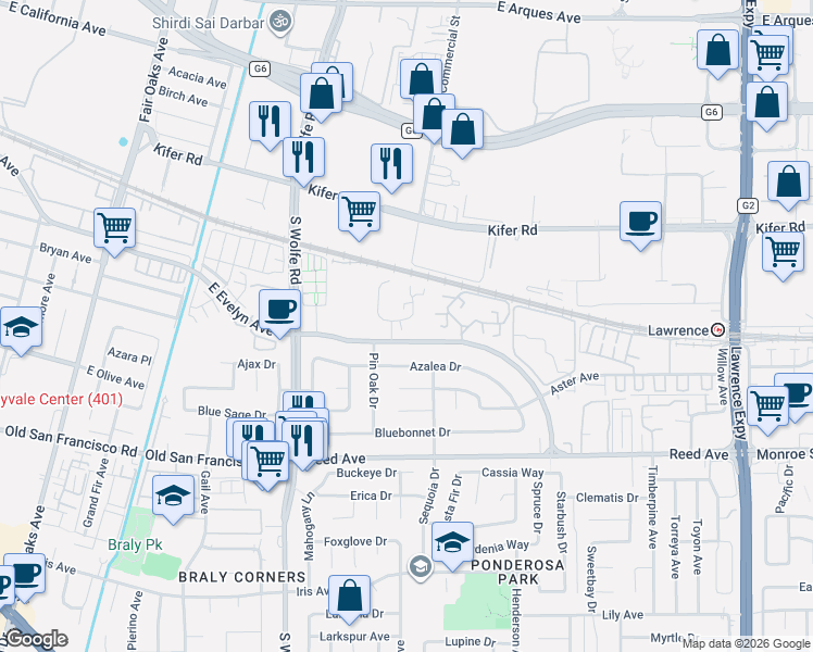map of restaurants, bars, coffee shops, grocery stores, and more near 235 Red Oak Drive West in Sunnyvale