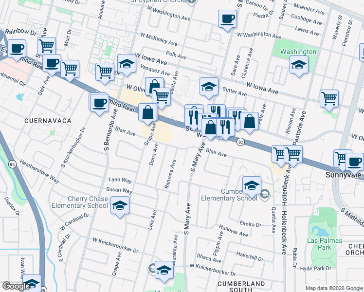 map of restaurants, bars, coffee shops, grocery stores, and more near 1047 Blair Avenue in Sunnyvale
