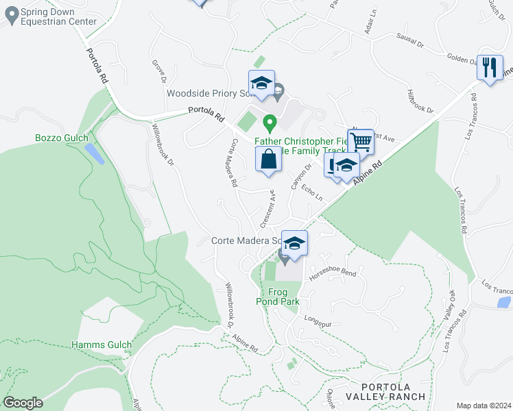 map of restaurants, bars, coffee shops, grocery stores, and more near 115 Cima Way in Portola Valley