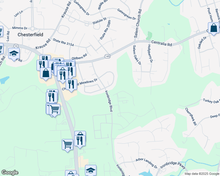 map of restaurants, bars, coffee shops, grocery stores, and more near 6102 Chesterfield Meadows Drive in Chesterfield