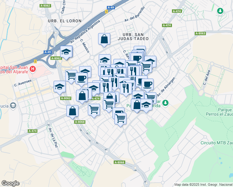 map of restaurants, bars, coffee shops, grocery stores, and more near 15 Calle Ramón y Cajal in Bormujos