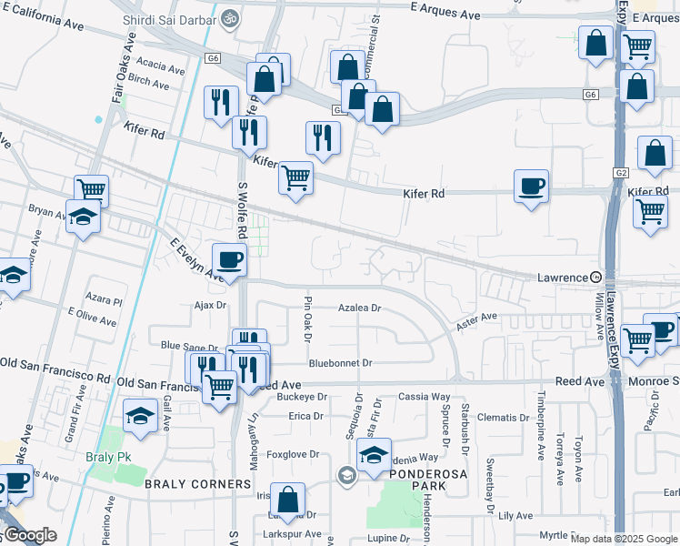 map of restaurants, bars, coffee shops, grocery stores, and more near 236 Red Oak Drive in Sunnyvale