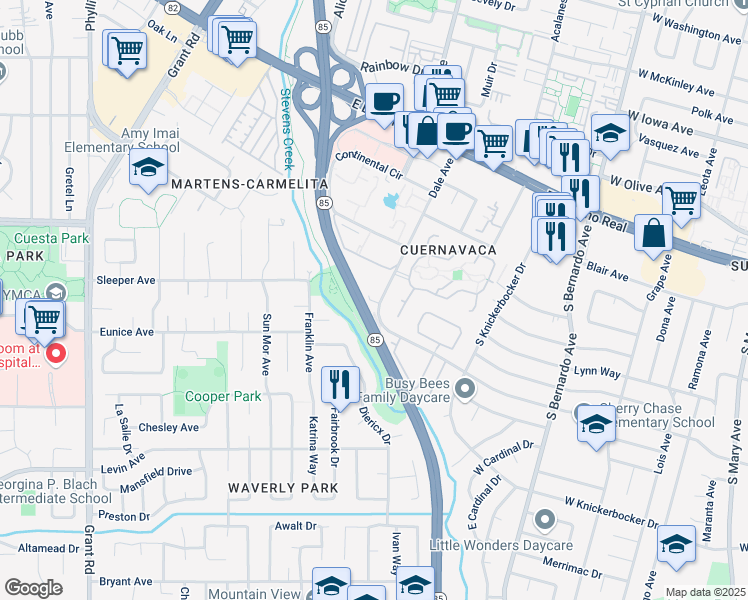 map of restaurants, bars, coffee shops, grocery stores, and more near 1398 Dale Avenue in Mountain View