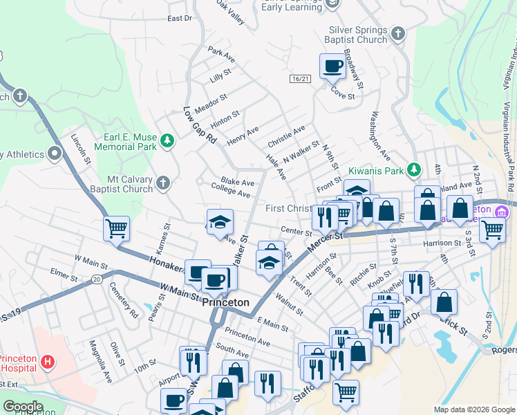 map of restaurants, bars, coffee shops, grocery stores, and more near 1305 N Walker St in Princeton