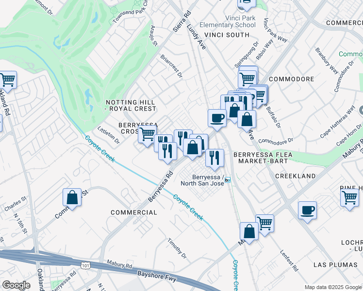 map of restaurants, bars, coffee shops, grocery stores, and more near 1011 Bellante Lane in San Jose